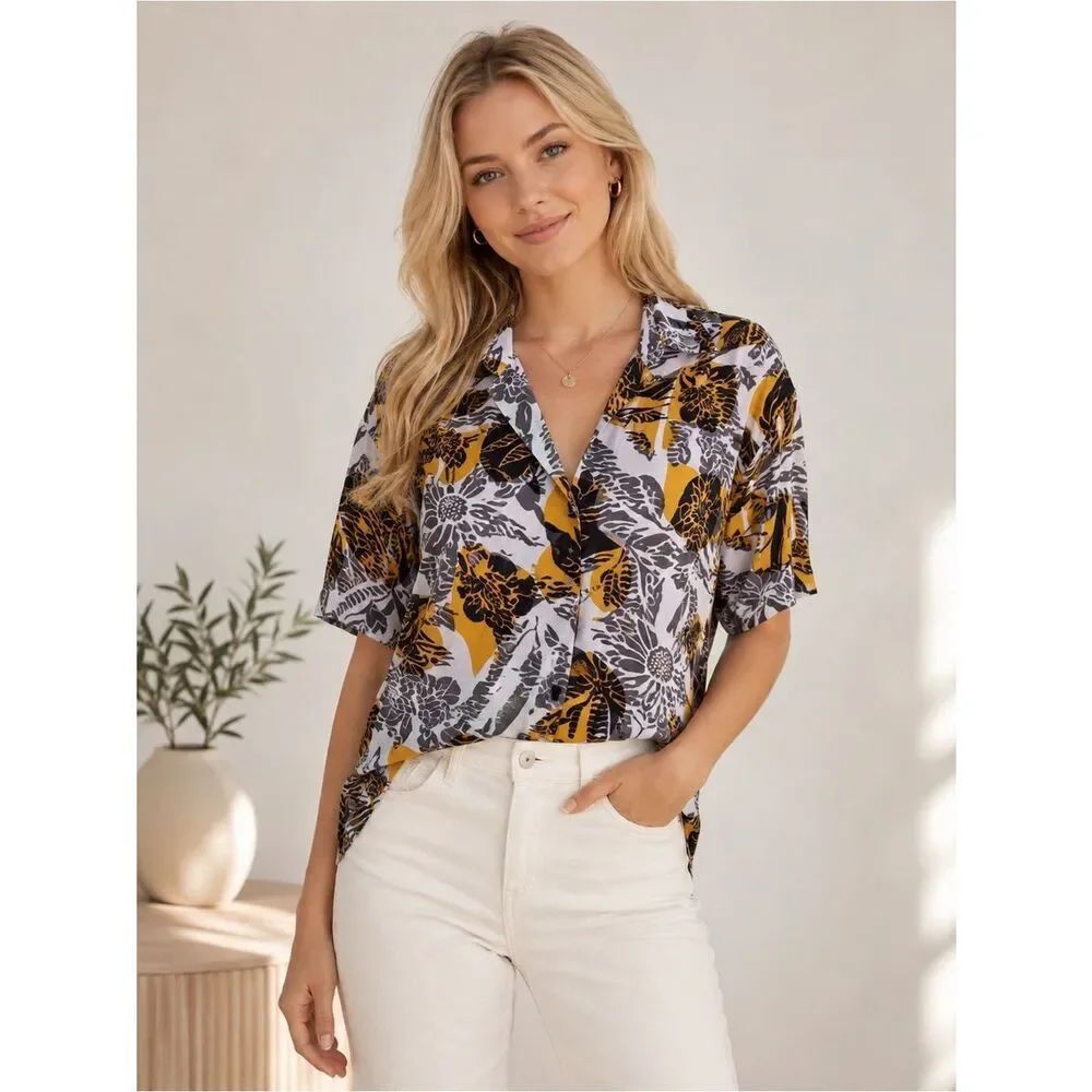 Express Floral Button-Down Shell Top in Mustard and Gray